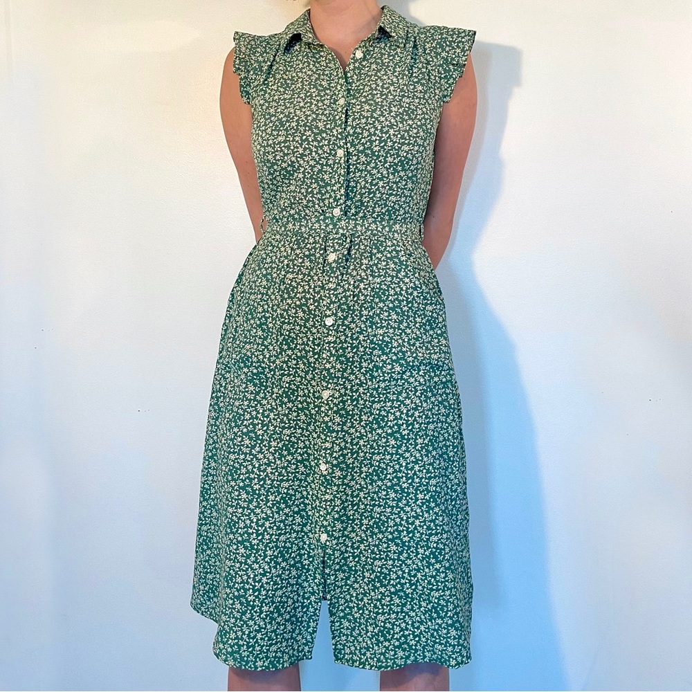 Ditzy Green Floral Print Dress with Ruffle Sleeve